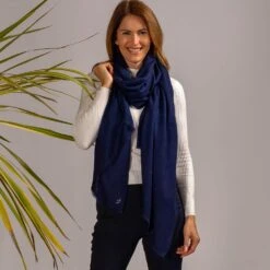 Navy Blue Cashmere Shawl -Elegant Scarf Store navy cashmere shawl model 3