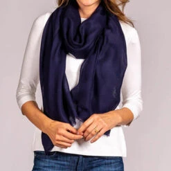 Classic Midnight Navy Cashmere And Silk Wrap -Elegant Scarf Store navy cashmere silk wrap 2