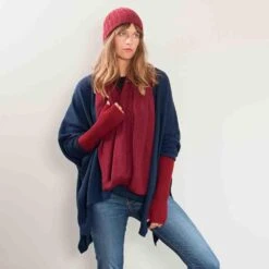 Midnight Navy Cashmere Sleeved Cape -Elegant Scarf Store navy cashmere sleeve cape model 2