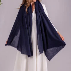 Midnight Blue Gossamer Cashmere Shawl -Elegant Scarf Store navy gossamer cashmere shawl 1
