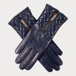 Navy Gossamer Cashmere Shawl And Quilted Leather Gloves Set -Elegant Scarf Store navy gossamer navy gloves 4