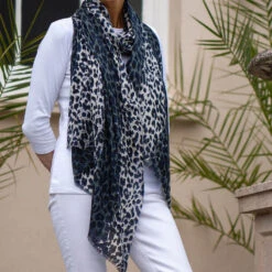 Midnight Navy Leopard Print Cashmere And Silk Scarf -Elegant Scarf Store navy leopard print cashmere scarf mood