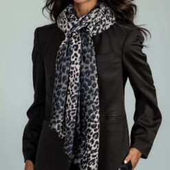 Midnight Navy Leopard Print Cashmere And Silk Scarf -Elegant Scarf Store navy leopard scarf test