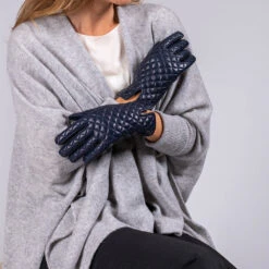 Navy Blue Quilted Cashmere Lined Leather Gloves -Elegant Scarf Store navy quilted gloves