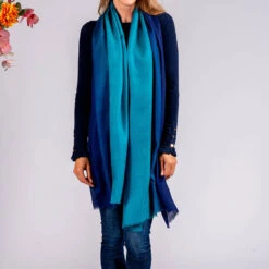 Navy To Teal Shaded Cashmere And Silk Wrap -Elegant Scarf Store navy teal cashmere silk wrap 1