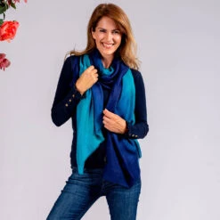 Navy To Teal Shaded Cashmere And Silk Wrap -Elegant Scarf Store navy teal cashmere silk wrap 2