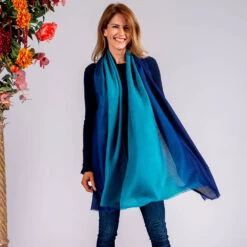 Navy To Teal Shaded Cashmere And Silk Wrap -Elegant Scarf Store navy teal cashmere silk wrap 3