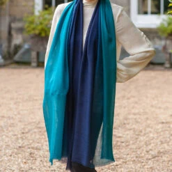 Navy To Teal Shaded Cashmere And Silk Wrap -Elegant Scarf Store navy teal cashmere wrap 1