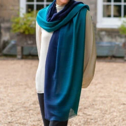 Navy To Teal Shaded Cashmere And Silk Wrap -Elegant Scarf Store navy teal cashmere wrap 2