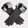 Pewter Grey Quilted Leather Gloves With Rabbit Fur Cuff -Elegant Scarf Store quilted leather gloves fur trim 1