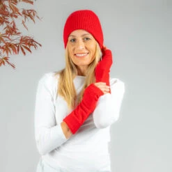 Ruby Red Cashmere Beanie And Mittens Set