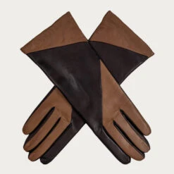 Black And Taupe Italian Leather Gloves Cashmere Lined