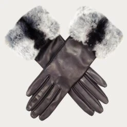 Ladies Black Leather Gloves With Chinchilla Style Rabbit Fur Cuff