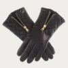 Black Leather Quilted Gloves With Cashmere Lining -Elegant Scarf Store womens black quilted gloves gold zip