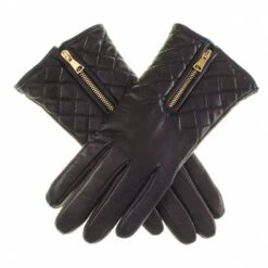 Black Leather Quilted Gloves With Cashmere Lining -Elegant Scarf Store womens black quilted gloves gold zip 200 L