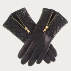 Black Leather Quilted Gloves With Cashmere Lining