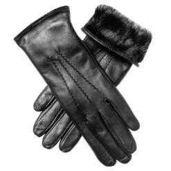 Ladies' Black Rabbit Fur Lined Leather Gloves -Elegant Scarf Store womens black rabbit fur lined leather gloves 2000