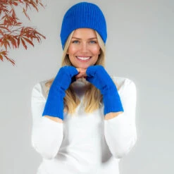 Sapphire Blue Cashmere Beanie And Mittens Set -Elegant Scarf Store womens blue cashmere beanie mittens set 1