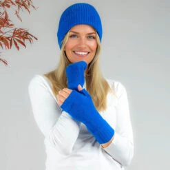 Sapphire Blue Cashmere Beanie And Mittens Set