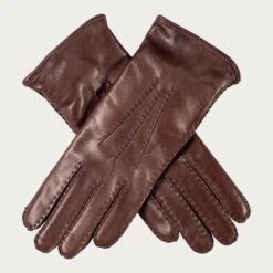 Elegant Scarf Store 5 Ladies Brown Hand Stitched Cashmere Lined Leather Gloves