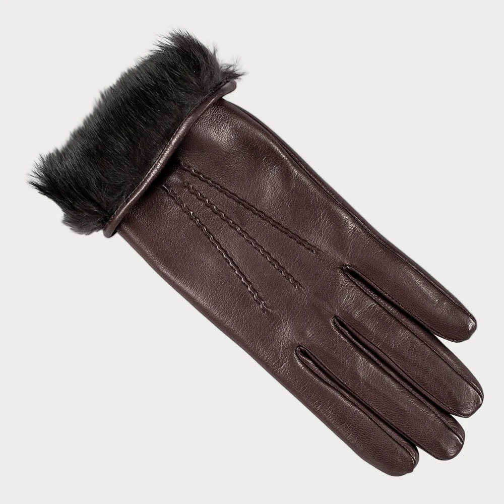 Ladies Dark Brown Rabbit Fur Lined Leather Gloves 4 Ladies Dark Brown Rabbit Fur Lined Leather Gloves - Image 2