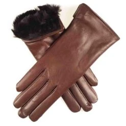 Ladies Brown Rabbit Fur Lined Leather Gloves