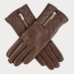 Havana Brown Quilted Leather Gloves With Cashmere Lining