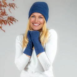 Navy Cashmere Beanie And Mittens Set -Elegant Scarf Store womens navy cashmere beanie mittens set 2