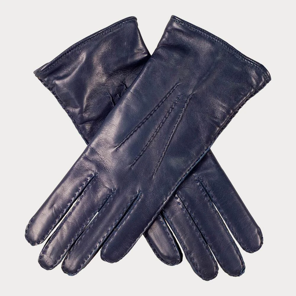 Ladies Navy Hand Stitched Cashmere Lined Leather Gloves 3 Ladies Navy Hand Stitched Cashmere Lined Leather Gloves