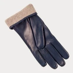 Navy Blue Quilted Cashmere Lined Leather Gloves -Elegant Scarf Store womens navy quilted leather gloves 3