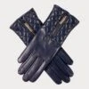 Navy Leather Quilted Gloves With Cashmere Lining -Elegant Scarf Store womens navy quilted zip leather gloves 1