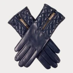 Navy Leather Quilted Gloves With Cashmere Lining